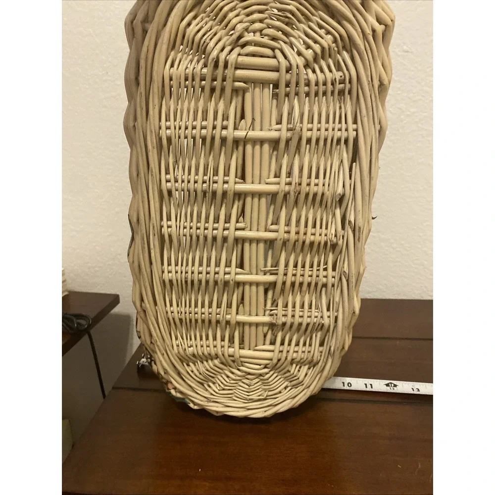 Vintage Woven Wicker Rattan Basket Featuring Prominent Floral And Bird Designs